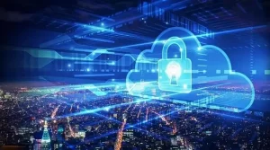 A digital cloud with a security lock symbol hovers over a futuristic cityscape, signifying cloud security.