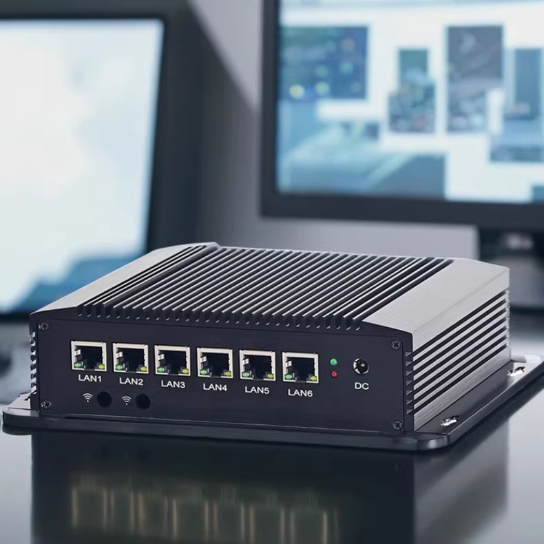 Compact black device with multiple LAN ports and indicators.